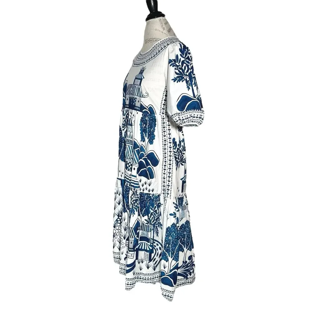 FARM Rio | Women | Ancient Garden Blue White Cotton Poplin Midi Dress | Size XS